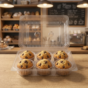 Boîte à charnière rectangulaire en PET transparente, inviolable, de qualité alimentaire, capacité 6 pièces, pour muffins, gamme spécialisée, vente en gros - Product Image 2