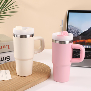 Stainless Steel Tumbler 14oz Handle Vacuum <b>Insulated</b> <b>Mug</b> With Straw For Travel And Car Use - Product Image 1
