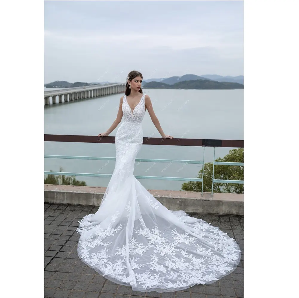 Women Plunging V Neck Mermaid Sleeveless Lace Long Tail Custom Wedding Dress