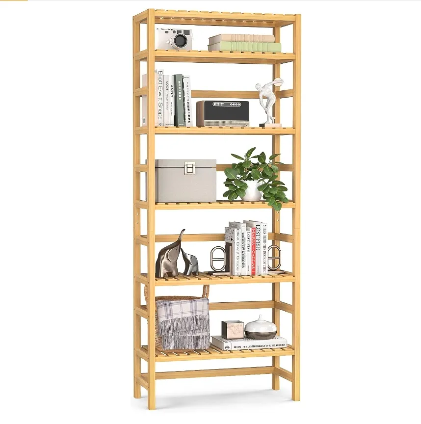 6-Tier bambu dapat disesuaikan 63.4 inci tinggi rak buku pengatur rak buku, berdiri gratis rak penyimpanan Unit untuk ruang tamu, Kit