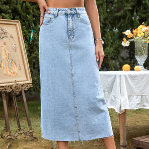 Nhà Máy Cung Cấp Trực Tiếp Chất Lượng Cao Cao Eo Nguyên Liệu HEM Denim Váy Dài Maxi Denim Váy Cho Phụ Nữ - Product Image 6