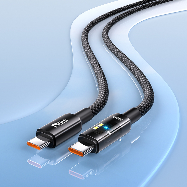 PD100W 5A Fast Charging USB-C Cable TPE Nylon Braided Transparent Auto Power Dual Type-C Data Cable for IOS Android Phones