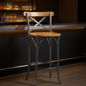 Tabouret de bar en bois de manguier massif, structure métallique, design industriel, mobilier de bar moderne pour la maison, utilisation commerciale durable - Product Image 2