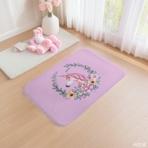 Tapis de sol en velours cristal rectangulaire antidérapant et absorbant pour salle de bain et baie vitrée, sur mesure avec motif licorne floral - Product Image 1