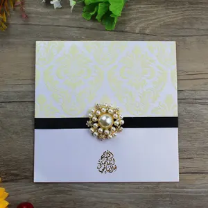 Arabic Style Flocking Wedding Invitation Cards Design Fold Card With Buckle And Ribbon Bow