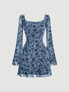 Abito a maniche lunghe da donna grazioso collo quadrato decorato con stampe floreali - Product Image 4