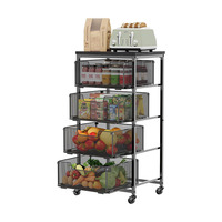 4-laags metalen groente- en fruitwagen met wielen, multifunctionele keukenwagen met lade-design