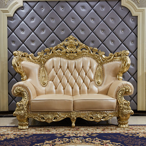 Sofá de Cuero Europeo STG para Sala de Estar, Muebles Aristocráticos de Madera Maciza Dorada Tallada, Sofá de 1/2/3/4 Plazas - Product Image 4