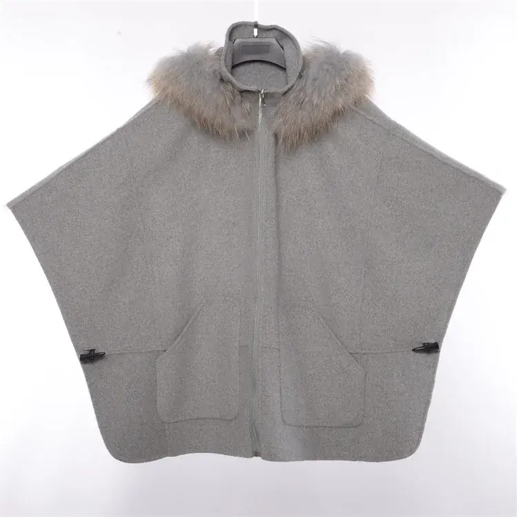 Mode confortable porter bouton unique laine manteau Anti-rétrécissement fourrure de renard femmes laine châle Cape avec capuche