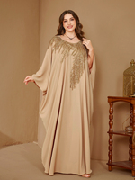 Robe de soirée élégante pour femmes grandes tailles, col rond, manches longues, patchwork de paillettes, taille cintrée, satin uni, vêtements modestes pour musulmanes