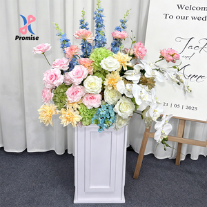 Arreglo Floral Artificial de Seda en Tonos Suaves, Rosas Rosadas y Azules, Hortensias, Orquídeas - Moderno, Hecho a Mano, de Larga Duración, para Bodas - Product Image 1