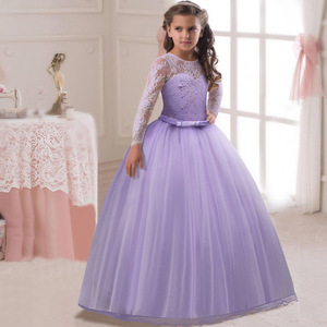 Vestido de Fiesta para Niñas, Manga Larga, Encaje, Morado, Vestido de Princesa para Niña de las Flores, Cuello Redondo, Falda de Tul - Product Image 1
