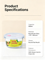 950ml Borosilicaat glazen voedselcontainer met luchtdichte deksel, ronde voorraaddoos voor maaltijdvoorbereiding, keuken, koelkast en lunch