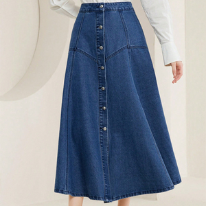 Jupe longue en <span class=keywords><strong>jean</strong></span> décontractée bleue pour <span class=keywords><strong>femme</strong></span>, nouveau style, coupe trapèze, boutonnée sur le devant, ourlet évasé, vente en gros - Product Image 5