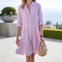 Robe chemise rayée col montant nouvelle collection automne 2026 - Robe décontractée style vacances à la française pour femme