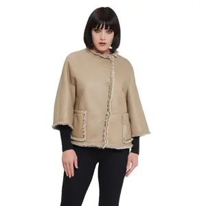 Superior Top Quality Italiano Artesanal Reversível Shearling Mulheres's Jacket com gola e mangas 3/4 para venda