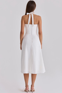 Robe décontractée quotidienne pour <span class=keywords><strong>femme</strong></span>, minimaliste et élégante, sans manches, col halter <span class=keywords><strong>carré</strong></span>, dos noué avec nœud, froncée sur le côté, taille haute, <span class=keywords><strong>coupe</strong></span> fluide évasée - Product Image 6