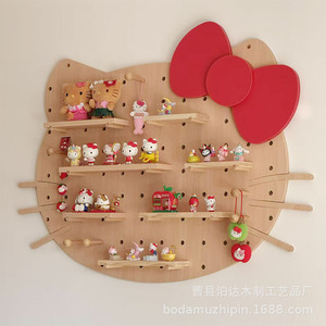 Cartoon <b>Pegboard</b> Wall Mounted Wooden Shelf With <b>Hooks</b> For Toys Organizer Storage Display Rack White Pink Natural Wood Color - Product Image 4