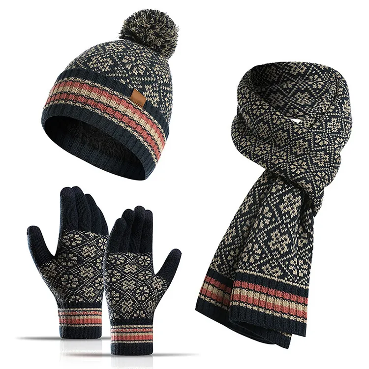 Warmer Schal Handschuh Hut Mütze Set Zopf muster Winter Geschenkset Pom Cap Handschuh Langer Schal 3-teiliges Set