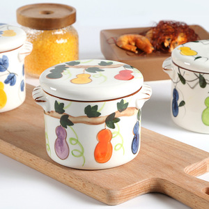 Ceramic Soup Stock <b>Pots</b> Hand Painted Gourd Design With <b>Lids</b> Double Handle Oven Safe Traditional Chinese Style - Product Image 4