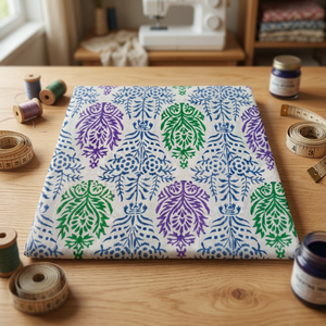 Block Printed Cotton <b>Fabric</b> With Purple Green Blue Foliage Pattern <b>Fabric</b> Woven <b>Medium</b> Weight Home Textile Cotton <b>Fabric</b> Sale - Product Image 1