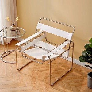 Fauteuil KD Constructivist en acier inoxydable avec cadre <span class=keywords><strong>tubulaire</strong></span> et assise en <span class=keywords><strong>cuir</strong></span> blanc pour loft urbain et bureau à domicile - Product Image 1
