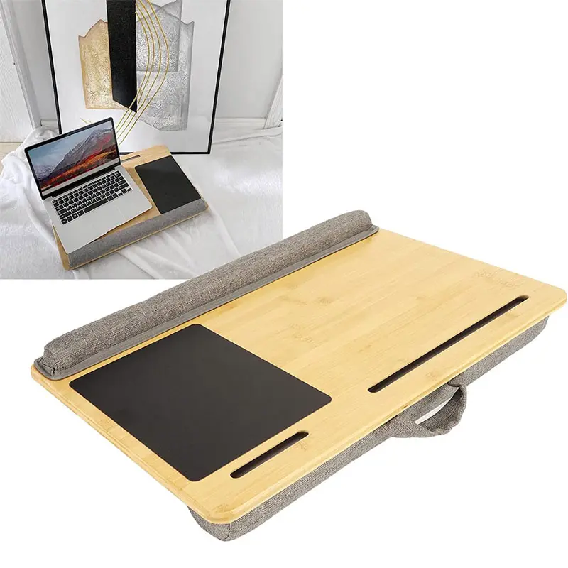 Bureau d'ordinateur portable en bambou naturel à poignée moderne avec coussin d'oreiller