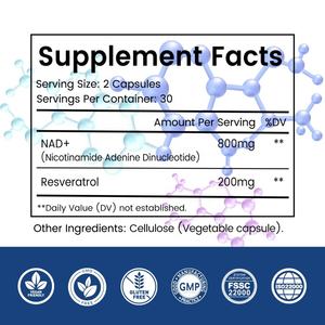 Suplementos de NAD+ en Cápsulas con Resveratrol, Nicotinamida Adenina Dinucleótido, Venta Caliente OEM ODM - Product Image 2