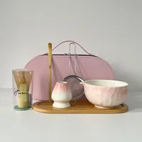 YUBIN Ensemble de 5 pièces en céramique, bol à matcha portable en porcelaine de style japonais, résistant à la chaleur, avec bec verseur, glaçure de four transfrontalière