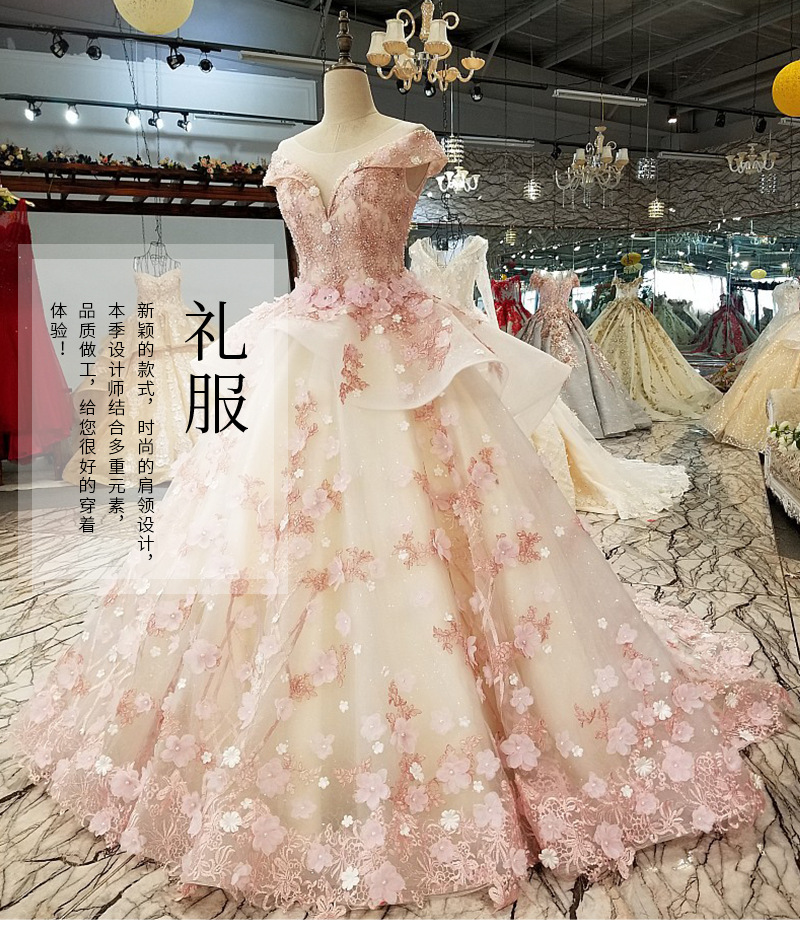 chinese dress ladies Sweetheart Tiered Train Organza Mermaid Pink Wedding Dress with Beading, Pink / 2