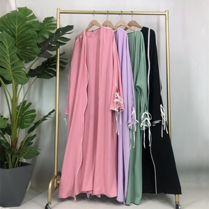 1446+6595# New Popular 2 PCS <b>Set</b> Crepe Split Lace up Sleeves White Line Abaya Match Loose Sleeveless Inner Dress Abaya Dress - Product Image 1