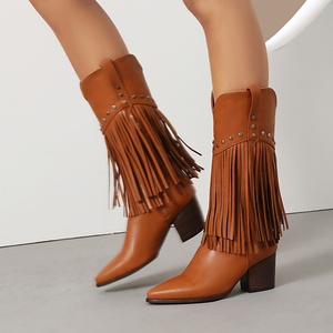 Nouvelles Bottes en Cuir à Pompons pour Femme 2025, Noires et Marron, à Bout Carré, Montantes, Rehaussantes, Chaudes pour l'Automne et l'Hiver - Product Image 3