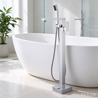 Robinet de baignoire autoportant en laiton massif chromé, mitigeur de bain à poser au sol avec douchette à main à jet doux, multi-certifié, design moderne
