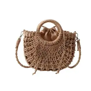 Straw Crossbody Mesh Bag Mini Handmade Half Moon Shape Straw Beach Bag For Women Custom Reusable Handbags