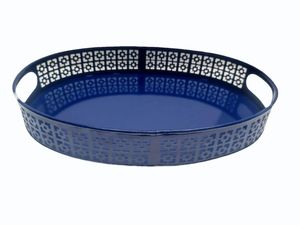 Plateau de service en métal bleu avec poignées métalliques, design géométrique en treillis fait main, multifonctionnel pour la cuisine et la salle à manger, pour le Ramadan et Diwali - Product Image 2