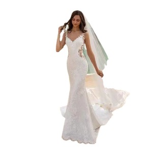 Mermaid Wedding Dress V-Neck Lace White Slim Fit Beach Runway Style - Product Image 4