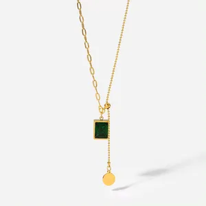 Fashion Stainless Steel Jewelry Adjustable Rectangle Emerald Diamond Pendant Necklace For Woman