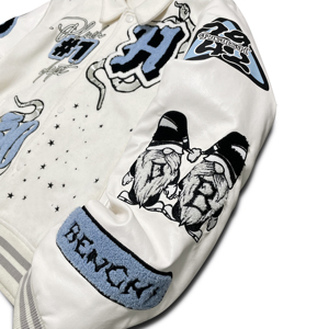 High Quality <b>White</b> Blue Chenille Applique Leather Sleeve <b>Jacket</b> Snake Lips Embroidery Vintage Streetwear Baseball <b>Jacket</b> for Men - Product Image 3