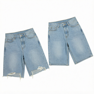 Pantalones Cortos Bermuda de Mezclilla Azul Claro para Hombre, Cintura Alta, Desgastados, de Algodón, Estilo Casual, con Botones - Product Image 1