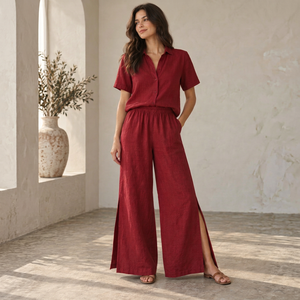 <b>Women</b> Summer Loose Fit Cotton Linen Wide Leg Pants Set Short Sleeve Button Shirt Elastic Waist Palazzo <b>Trousers</b> 2 Piece Outfit - Product Image 1