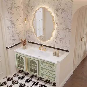 French cream bathroom cabinet <b>oak</b> with heat-bent integrated basin wall-mounted wall cabinet with LED light strip - Product Image 1