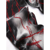Jeans droits pour hommes en denim extensible, délavé fumé, effet vieilli, avec broderie zigzag rouge, vente en gros, OEM personnalisé