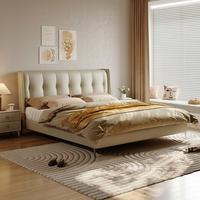 Lit de Luxe Moderne avec Rangement Hydraulique, Cadre en Cuir Crème Blanc, Tête de Lit Capitonnée Verticale, Tailles King et Queen