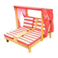 Chaise longue double pour enfants avec auvent, chaise d'extérieur en bois avec coussins et porte-gobelets pour patio et bord de piscine