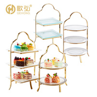 Support de service à 2 niveaux en métal pour gâteaux de mariage, présentoir alimentaire de traiteur, doré, moderne, de luxe, pour restaurant, personnalisable, vente en gros