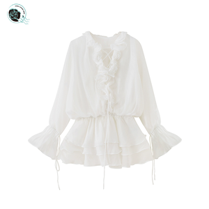 Abito estivo bianco a maniche lunghe arricciato francese per donne Casual <span class=keywords><strong>Chic</strong></span> con Design gonna corta con drappeggi anteriori naturali - Product Image 1