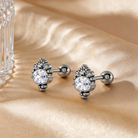 Boucles d'oreilles clous vintage en acier chirurgical 316L avec zircon cubique brillant, monture texturée antique, fermoir à vis, boule gothique, accessoire de piercing hélix