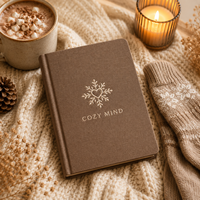 Carnet de bien-être hivernal LABON personnalisé avec couverture en lin brodée, plan d'autosoins, suivi de l'humeur, papeterie marron