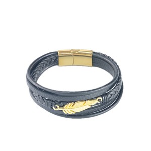 Men's Multi Layer <b>Leather</b> <b>Bracelet</b> With Gold Feather Charm Magnetic Clasp Retro Style Jewelry For Casual Wear - Product Image 3