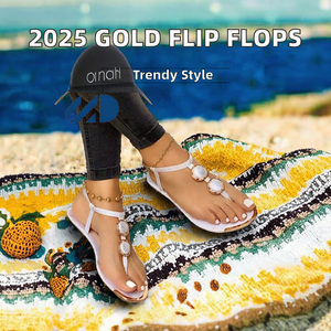 Sandalias Planas para Mujer, Chanclas Casuales a la Moda, Punta Cuadrada, Plantilla de Goma Dorada, para Playa, Aire Libre, Pantuflas Retro de Alta Calidad - Product Image 3